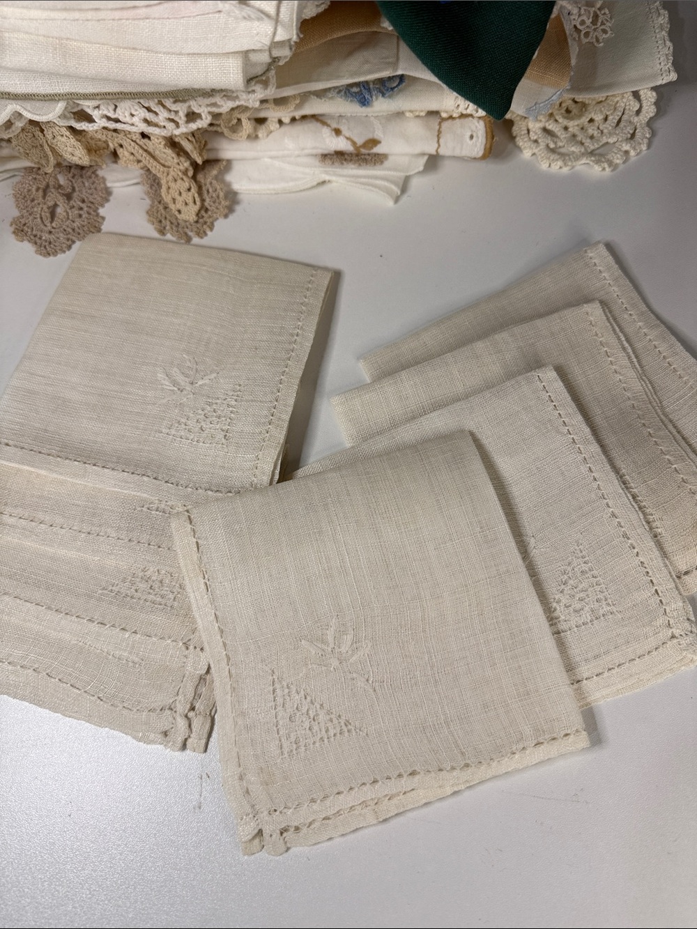 Embroidered Linen Cocktail Napkin in Light Cream